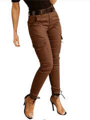 Inrosy pantalons cargo slim fitness boutons poches fermeture éclair taille basse femme casual mode décontracté