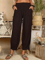 Inrosy pantalons en lin unicolore poches taille élastique femme casual mode ample décontracté bas