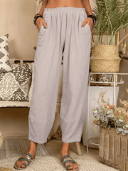 Inrosy pantalons en lin unicolore poches taille élastique femme casual mode ample décontracté bas