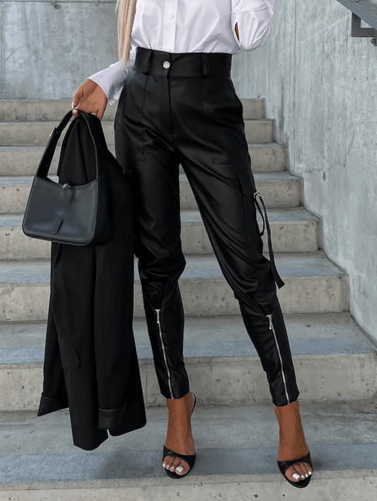 Inrosy pantalons carotte unicolore simili cuir boutons poches ceinture fermeture éclair femme mode décontracté bas