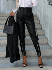Inrosy pantalons carotte unicolore simili cuir boutons poches ceinture fermeture éclair femme mode décontracté bas