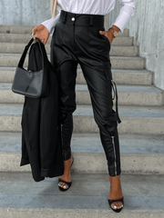 Inrosy pantalons carotte unicolore simili cuir boutons poches ceinture fermeture éclair femme mode décontracté bas