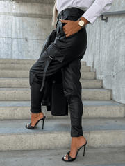 Inrosy pantalons carotte unicolore simili cuir boutons poches ceinture fermeture éclair femme mode décontracté bas