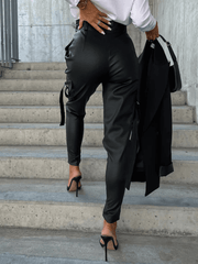 Inrosy pantalons carotte unicolore simili cuir boutons poches ceinture fermeture éclair femme mode décontracté bas