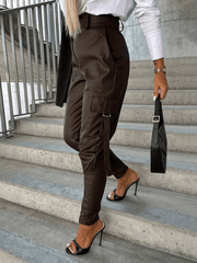 Inrosy pantalons carotte unicolore simili cuir boutons poches ceinture fermeture éclair femme mode décontracté bas