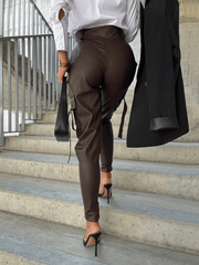 Inrosy pantalons carotte unicolore simili cuir boutons poches ceinture fermeture éclair femme mode décontracté bas