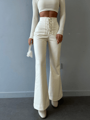 Inrosy pantalons flare évasé simili cuir nœud avec à lacets taille haute femme mode décontracté bas