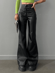 Inrosy pantalons flare évasé simili cuir nœud avec à lacets taille haute femme mode décontracté bas