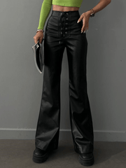 Inrosy pantalons flare évasé simili cuir nœud avec à lacets taille haute femme mode décontracté bas