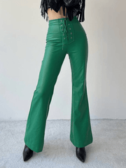 Inrosy pantalons flare évasé simili cuir nœud avec à lacets taille haute femme mode décontracté bas