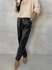 Inrosy pantalon carotte simili cuir poches taille élastique femme élégant mode décontracté