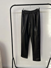 Inrosy pantalon carotte simili cuir poches taille élastique femme élégant mode décontracté