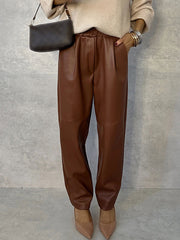 Inrosy pantalon carotte simili cuir poches taille élastique femme élégant mode décontracté