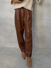 Inrosy pantalon carotte simili cuir poches taille élastique femme élégant mode décontracté