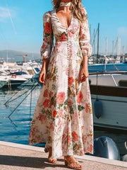 Inrosy robe longue fleurie v-cou manches longues bohème élégant blanche