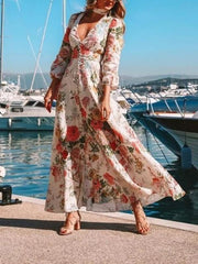 Inrosy robe longue fleurie v-cou manches longues bohème élégant blanche