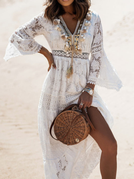 Inrosy robe longue dentelle frange pompons v-cou manches trompette manches longues femme bohème de plage