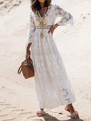 Inrosy robe longue dentelle frange pompons v-cou manches trompette manches longues femme bohème de plage