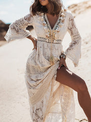 Inrosy robe longue dentelle frange pompons v-cou manches trompette manches longues femme bohème de plage