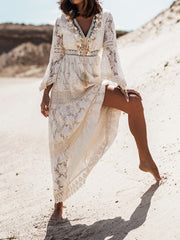 Inrosy robe longue dentelle frange pompons v-cou manches trompette manches longues femme bohème de plage