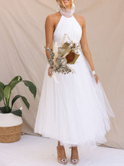 Inrosy robe longue découpes bouffante tutu tulle trapèze noeud papillon licou sans manches doux élégant de cocktail