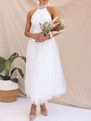 Inrosy robe longue découpes bouffante tutu tulle trapèze noeud papillon licou sans manches doux élégant de cocktail