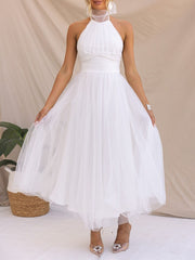 Inrosy robe longue découpes bouffante tutu tulle trapèze noeud papillon licou sans manches doux élégant de cocktail