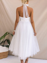 Inrosy robe longue découpes bouffante tutu tulle trapèze noeud papillon licou sans manches doux élégant de cocktail