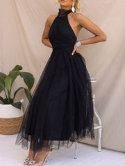 Inrosy robe longue découpes bouffante tutu tulle trapèze noeud papillon licou sans manches doux élégant de cocktail