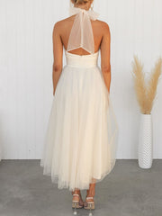 Inrosy robe longue découpes bouffante tutu tulle trapèze noeud papillon licou sans manches doux élégant de cocktail