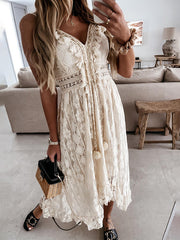 Inrosy robe longue court devant longue derriere dentelle pompons v-cou sans manches femme bohème de plage