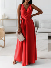 Inrosy robe longue fluide papillon nœud ceinture bretelle v-cou sans manches femme élégant bal de promo