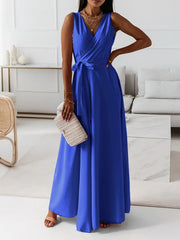 Inrosy robe longue fluide papillon nœud ceinture bretelle v-cou sans manches femme élégant bal de promo