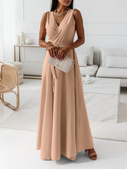 Inrosy robe longue fluide papillon nœud ceinture bretelle v-cou sans manches femme élégant bal de promo