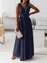 Inrosy robe longue fluide papillon nœud ceinture bretelle v-cou sans manches femme élégant bal de promo