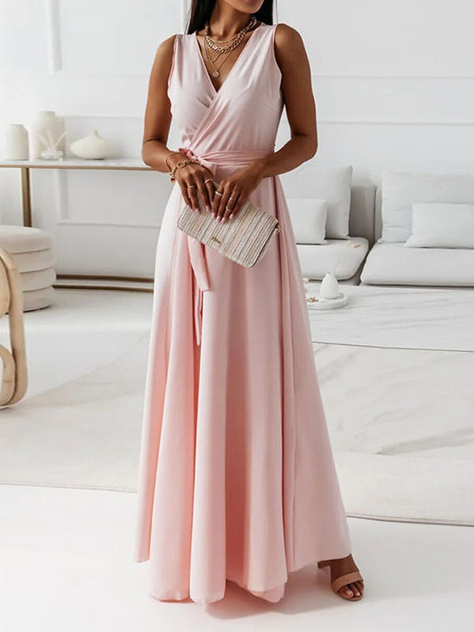 Inrosy robe longue fluide papillon nœud ceinture bretelle v-cou sans manches femme élégant bal de promo