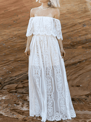 Inrosy robe longue dentelle fluide bustier dos nu col bateau manches courtes élégant femme bohème invité mariage