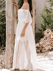 Inrosy robe longue dentelle fluide bustier dos nu col bateau manches courtes élégant femme bohème invité mariage