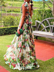 Inrosy robe longue imprimé à fleurie mousseline fluide noeud papillon dos nu col carré sans manches femme élégant soirée