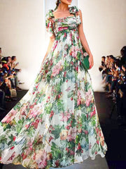 Inrosy robe longue imprimé à fleurie mousseline fluide noeud papillon dos nu col carré sans manches femme élégant soirée