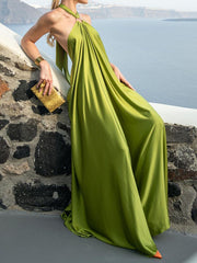 Inrosy robe longue satin fluide noeud papillon ceinture dos nu licou sans manches élégant ample femme promo