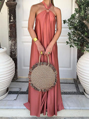 Inrosy robe longue satin fluide noeud papillon ceinture dos nu licou sans manches élégant ample femme promo