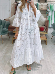 Inrosy robe longue broderie anglaise à volantée boutons col montant manches évasées courtes femme bohème lâche oversized