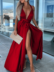 Inrosy robe longue fendu le côté ceinture dos nu licou décolleté plongeant sans manches femme élégant bal de promo