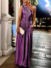 Inrosy robe longue bronzage fluide poches dos nu une épaule sans manches élégant femme mode de soirée