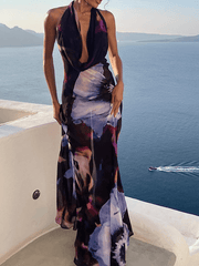 Inrosy robe longue moulante imprimé à fleurie dos nu licou décolleté plongeant sans manches femme vintage plage noir