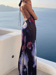 Inrosy robe longue moulante imprimé à fleurie dos nu licou décolleté plongeant sans manches femme vintage plage noir