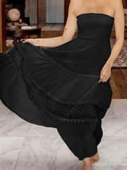 Inrosy robe longue dentelle mousseline fluide plissé bustier dos nu sans manches doux femme élégant bohème de plage