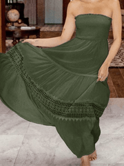 Inrosy robe longue dentelle mousseline fluide plissé bustier dos nu sans manches doux femme élégant bohème de plage