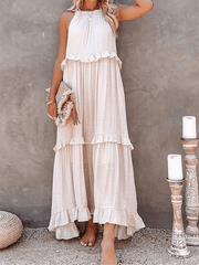 Inrosy robe longue à volantée noeud papillon nœud licou sans manches femme bohème décontracté de plage